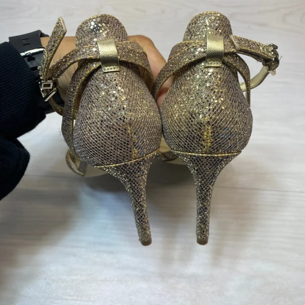 Michael Kors Womens 7M Sandal Heel Glitter Gold Wedding Evening Ankle Strap